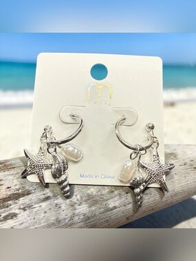 🐚MELODY🐚Silver-Tone Starfish & Shell Hoop Earrings with Faux Pearls/NIP